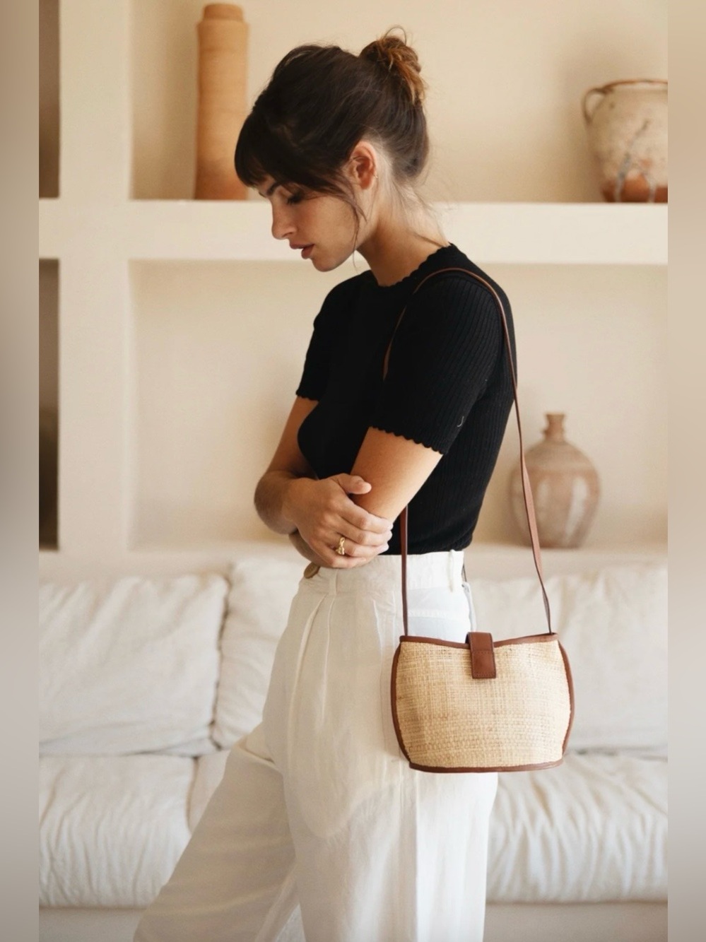 BEMBIEN Paola sienna raffia bag cream leather trim crossbody bucket bag